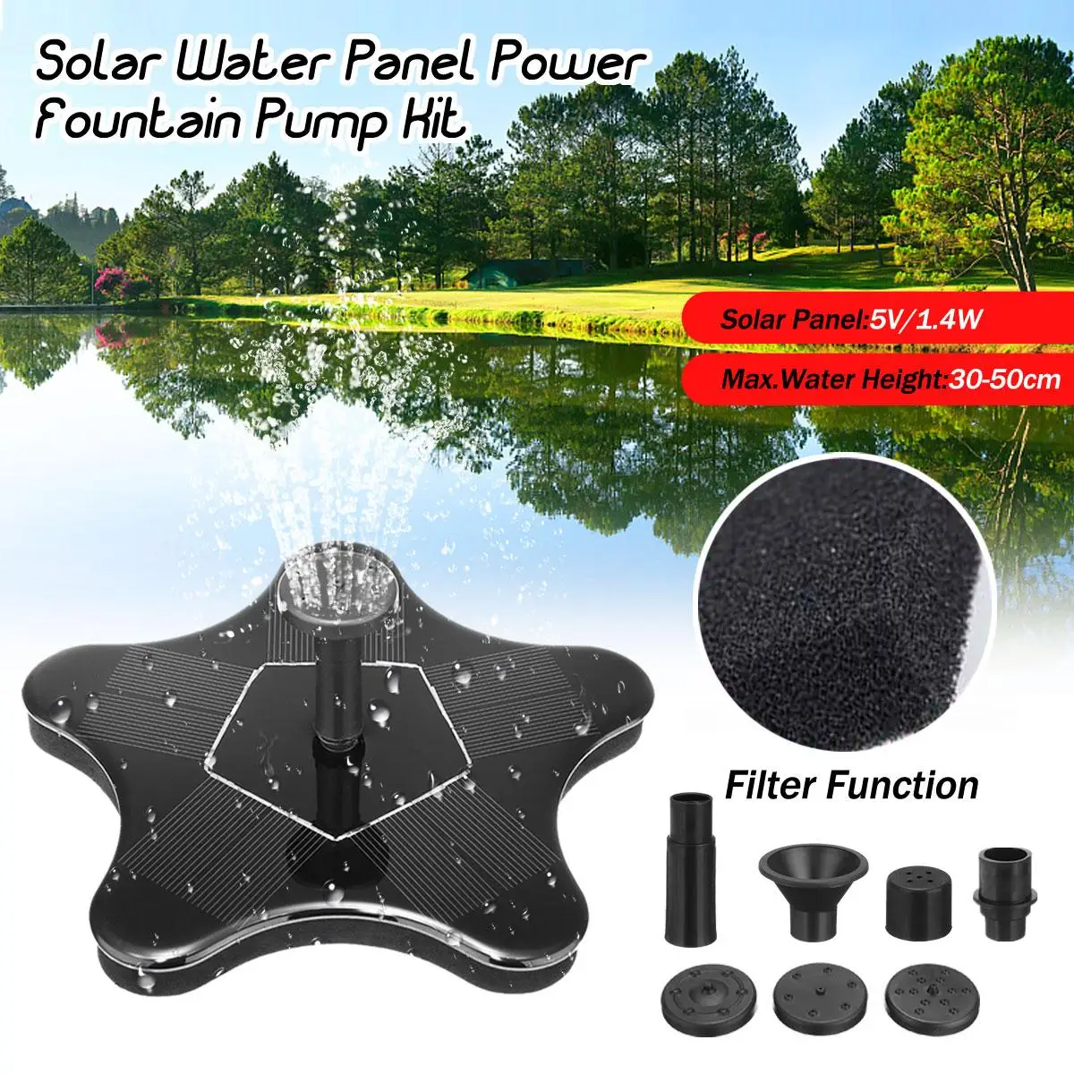 

AS50A1 1.4W 5V Solar Panel Pump Fountain Pump Kit Pool Pond Watering Submersible Petals Fountain