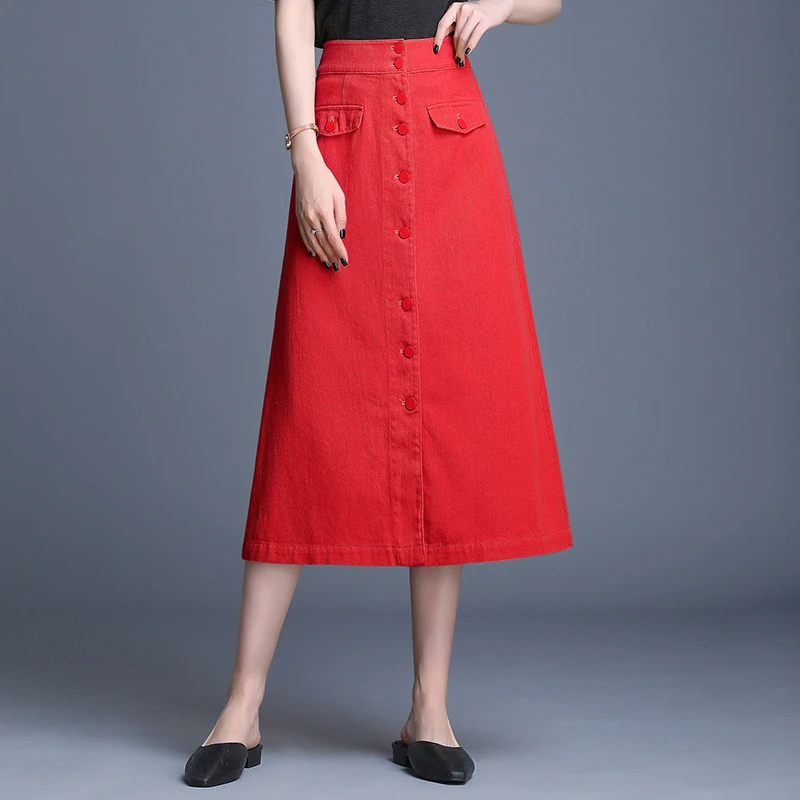 long red denim skirt