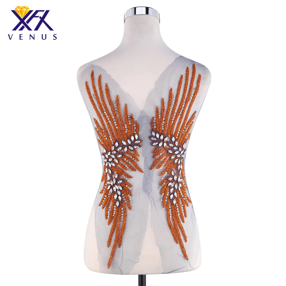 

XINFANGXIU Hand sewing Patches tubular beads Patches Orange stone beads large beaded patches applique for decorations