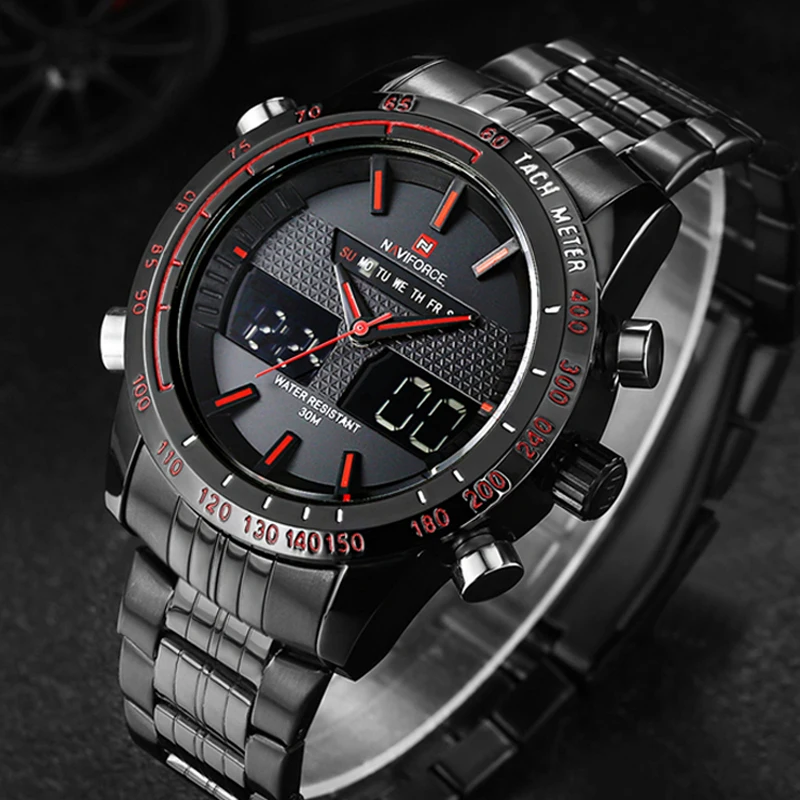 Online Uhren Männer NAVIFORCE 9024 Luxus Marke Voller Stahl Quarz Uhr LED Uhr Armee Militär Sport Wasserdichte Uhr Relogio Masculino