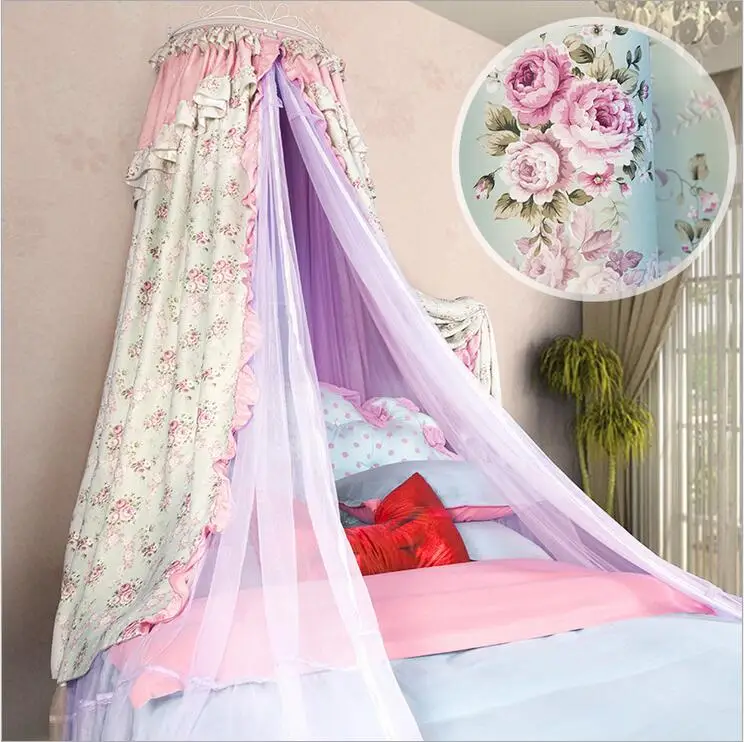 Luxury palace princess pastorable mosquito net floral printing bed mantle bed curtain insect screen lace hollow iron bed frame