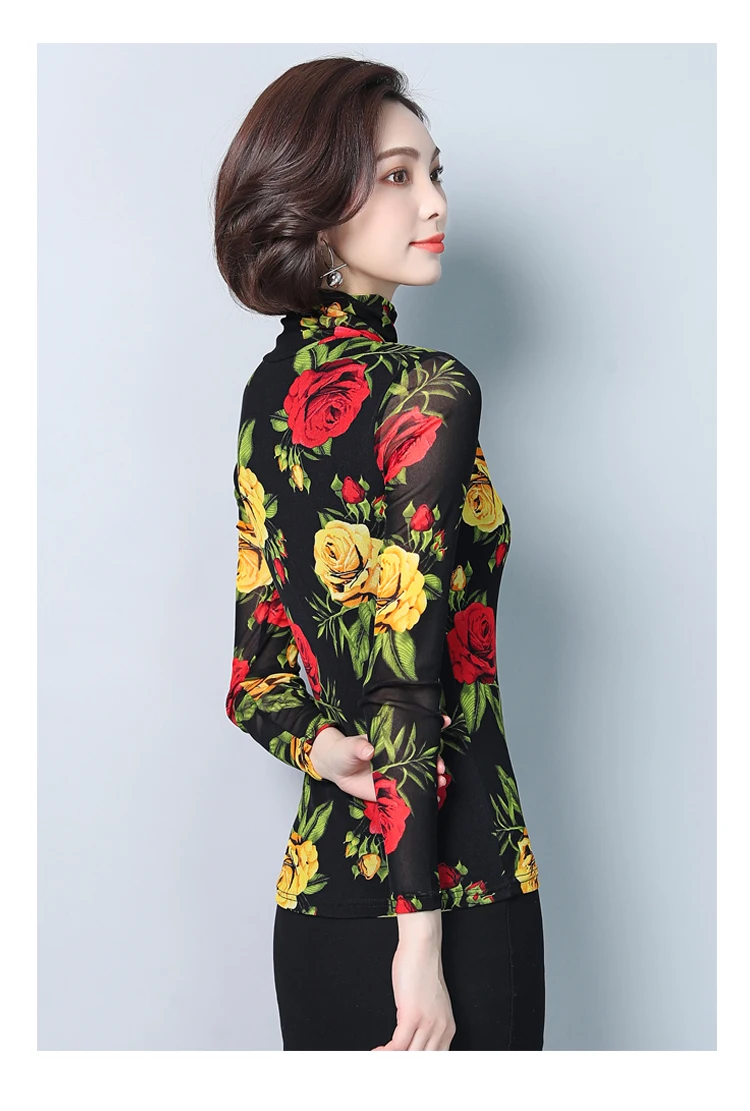 Мода, женские блузки, высокая эластичность, черная сетка, цветы, длинный рукав, тонкие рубашки, цветочный принт, для девушек, кимоно, туника, топы для работы