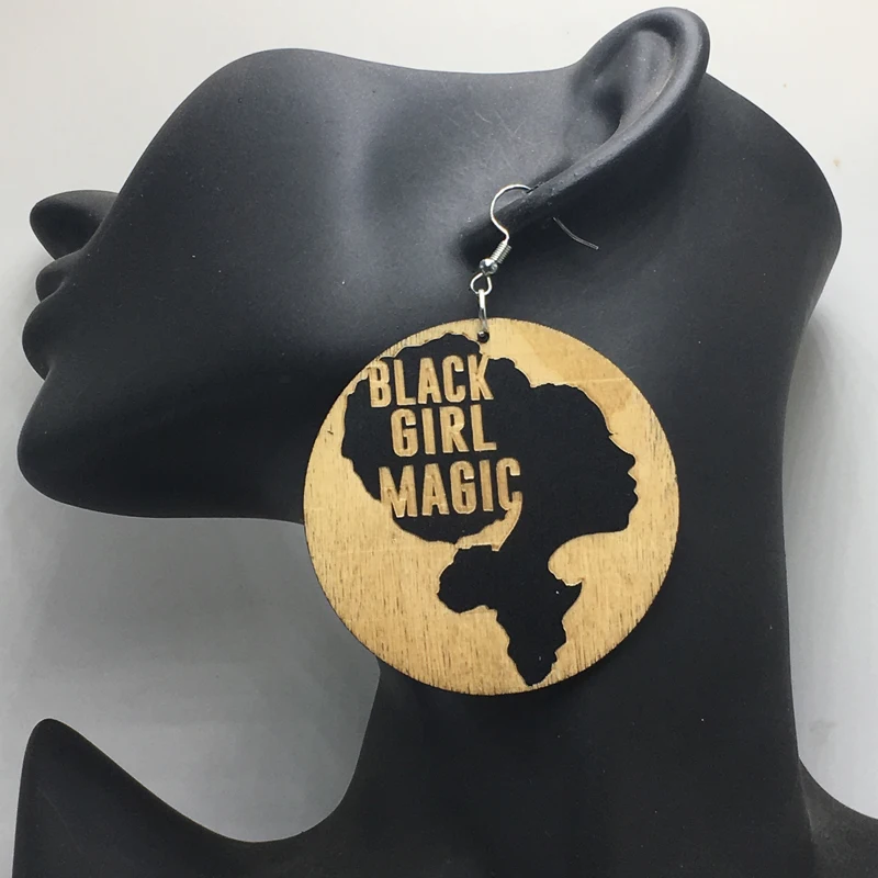 Engraved African Black Girl Magic wooden earrings in Drop Earrings