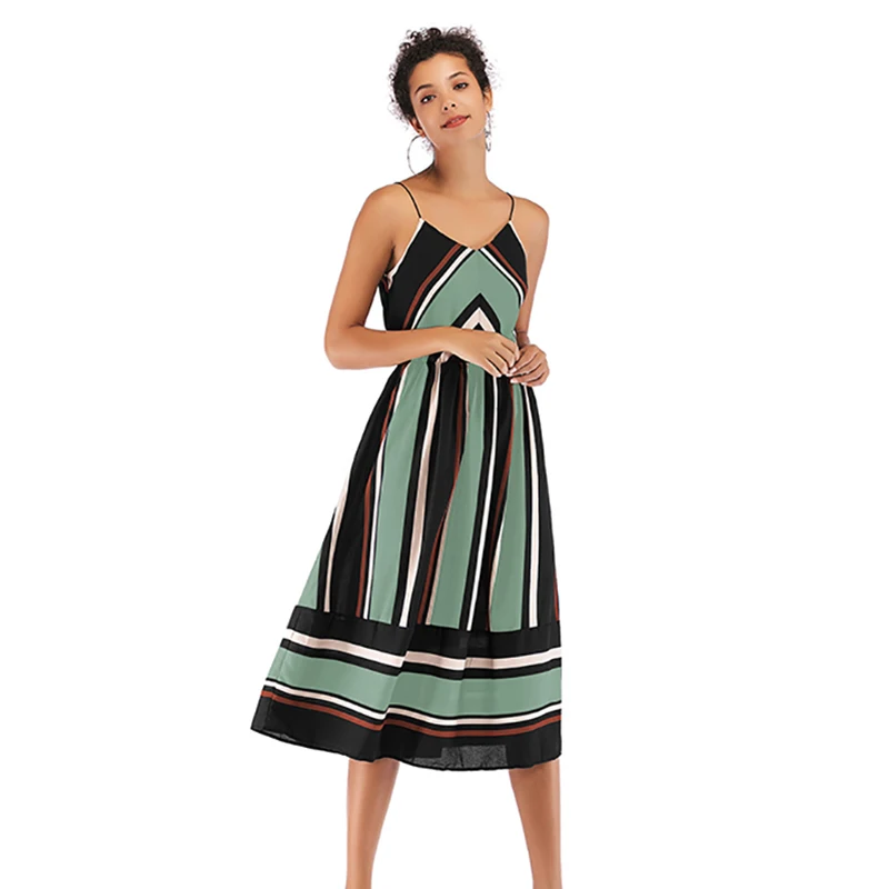 

Summer Backless Dress Women Striped Maxi Dresses Female Sleeveless Casual Vestidos
