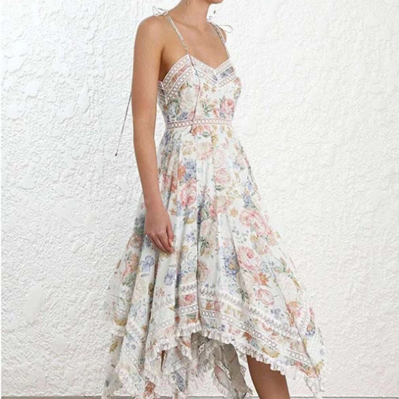 

2019 Summer Runway desigher Dress floral print V-neck Asymmetry sleeveless Casual women dresses bohemian long dresses vestidos