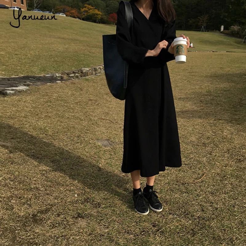 

Yanueun Loose V-Neck Loose Casual Dresses Black Long Sleeve Dress For Women 2019 Hot Spring Autumn