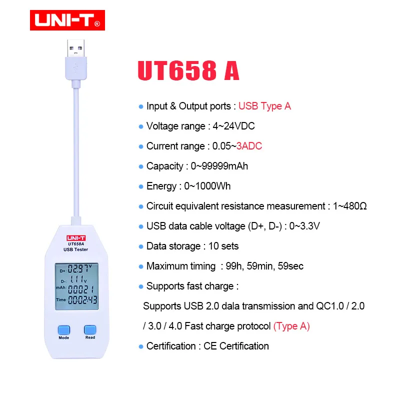 UNI-T UT658A/UT658C/UT658DUAL серия USB измеритель мощности цифровой измеритель напряжения/тока/емкости/энергии и сопротивления - Цвет: UT658A