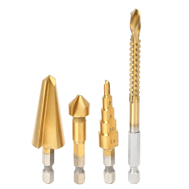 4pc HSS Titanium Coated Hex shank Countersink Drill Step Drill Tapered