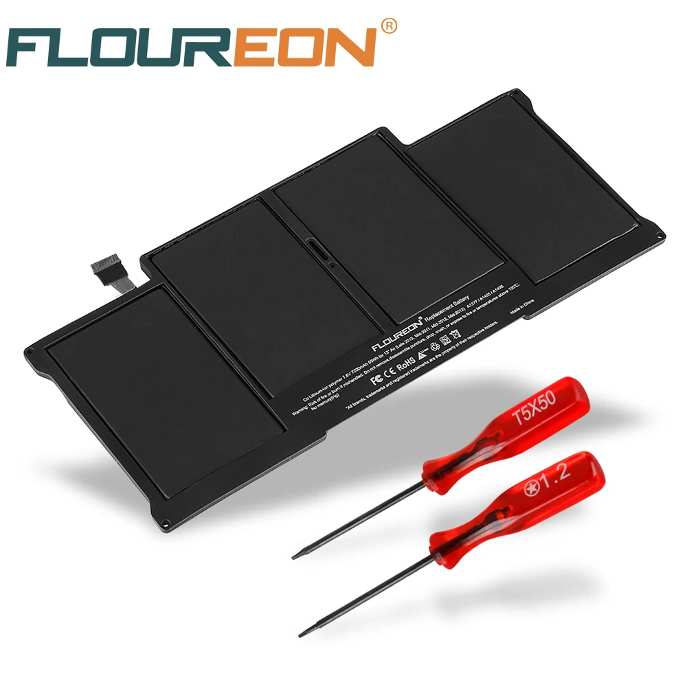 Floureon ноутбук Батарея 7,6 V 7200 мА/ч, 55Wh Lipo Батарея для Apple MacBook Air 1" A1377 A1405 A1496 черный