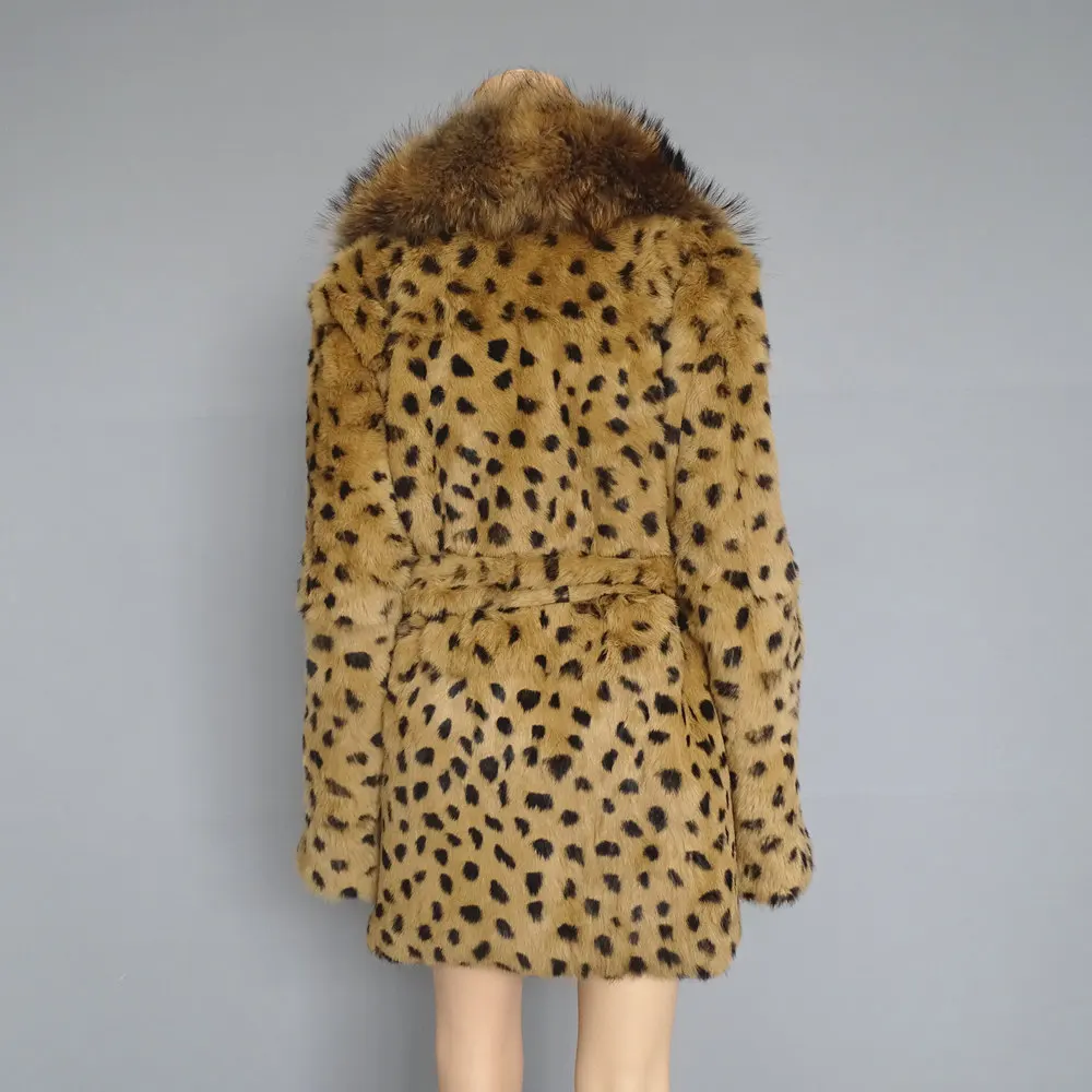 Коричневое леопардовое пальто из кроличьего меха Верхняя одежда парка пальто с большим воротником из меха енота размера плюс на заказ