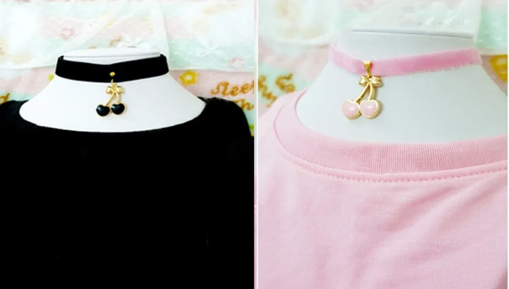 

Super Cute Girls Cherry Pendant Neck Wear Harajuku Kawaii Sweet velvet strap Short Lolita Pink Black Necklace Cosplay