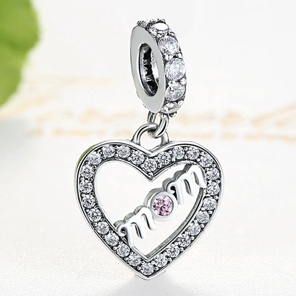 925 стерлингового серебра Mum надписи MOM Love Heart Подвески-шармы Pandora браслет Розовая Подвеска со стразами фианит DIY ювелирные изделия подарок для мамы