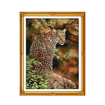 

Handmade DIY needlework cross stitch printing embroidered cloth sewing embroidery animal cheetah deep forest scenery
