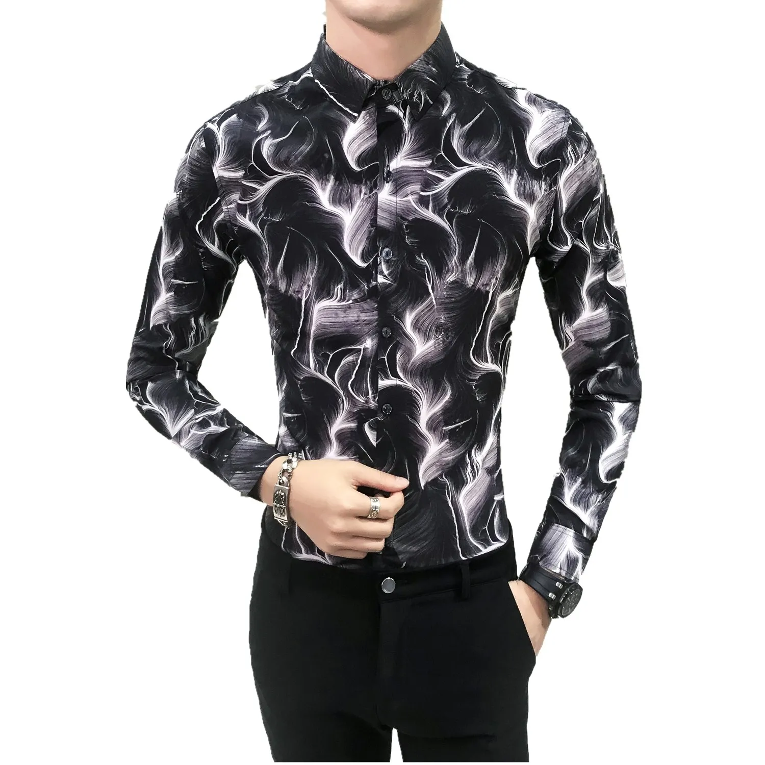 

Fashion Spring Autumn New Tuxedo Quality Digital Print Slim Fit Shirt Men Long Sleeve Casual Prom Male Shirts Dress Blouse Homme