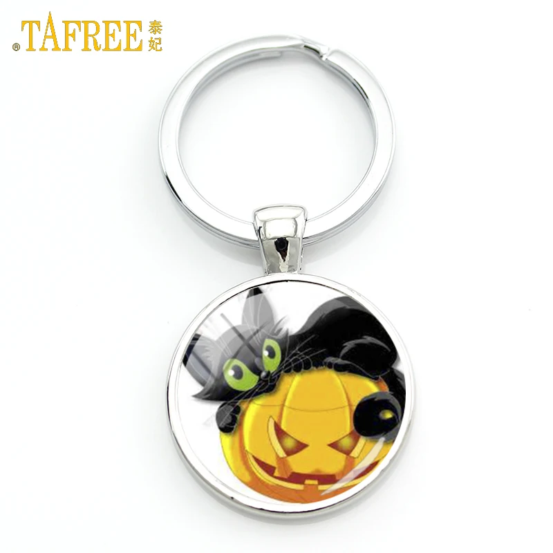 

TAFREE fashion Halloween jewelry key chain ring holder black cat pumpkin witch charms glass gem men women keychain gifts J613
