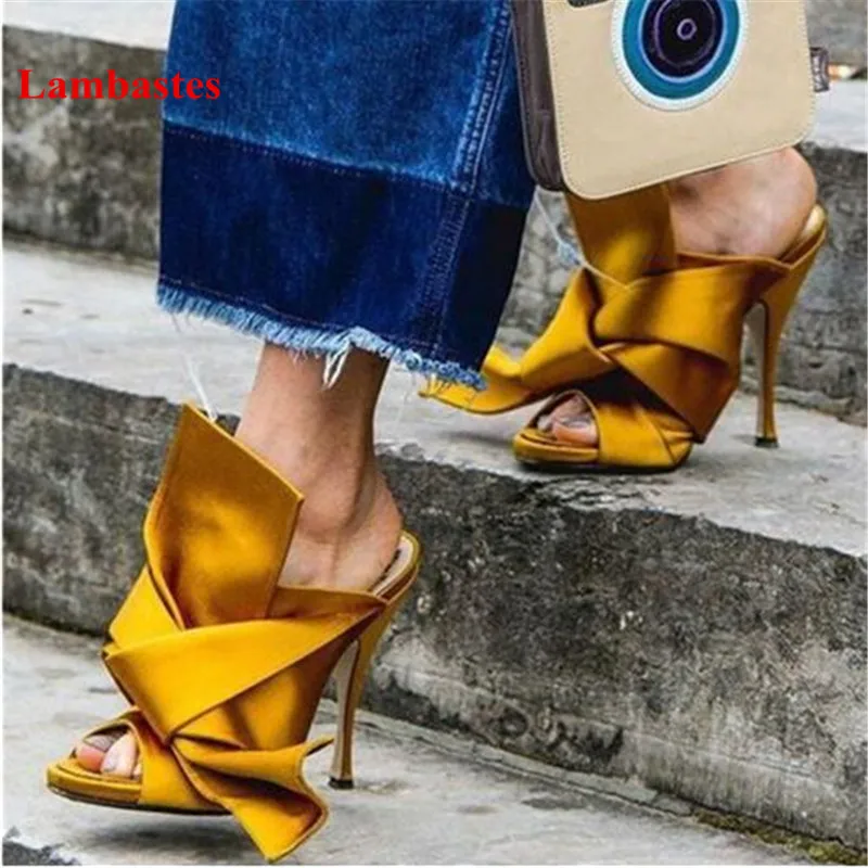 

Yellow Butterfly-knot Design Peep Toe Thin High Heel Women Slippers Hot Sale Summer Outfit Wedding Shoes Sexy Party Slippers