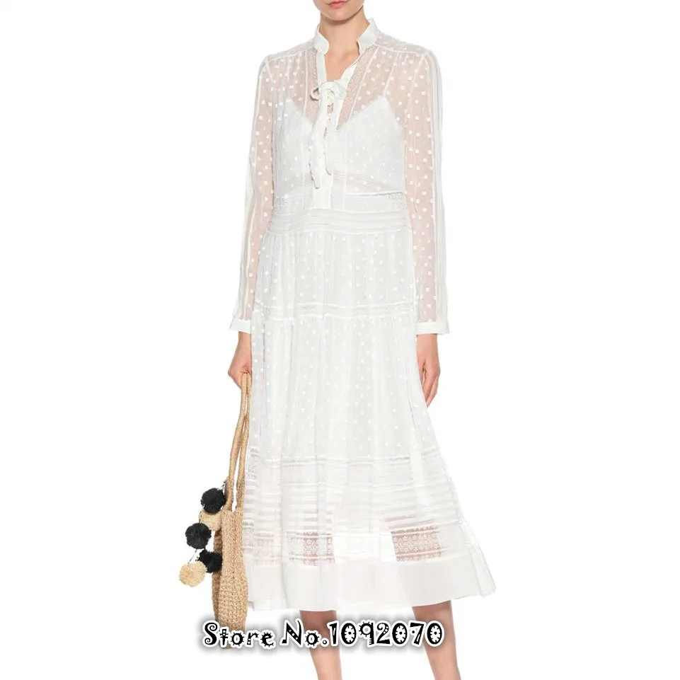 

Women Long Blouson Sleeves White Polka Dot Semi-sheer Layering Radiate Silk-blend Dress Lace-up Lacy Radiate Tie Up Dress