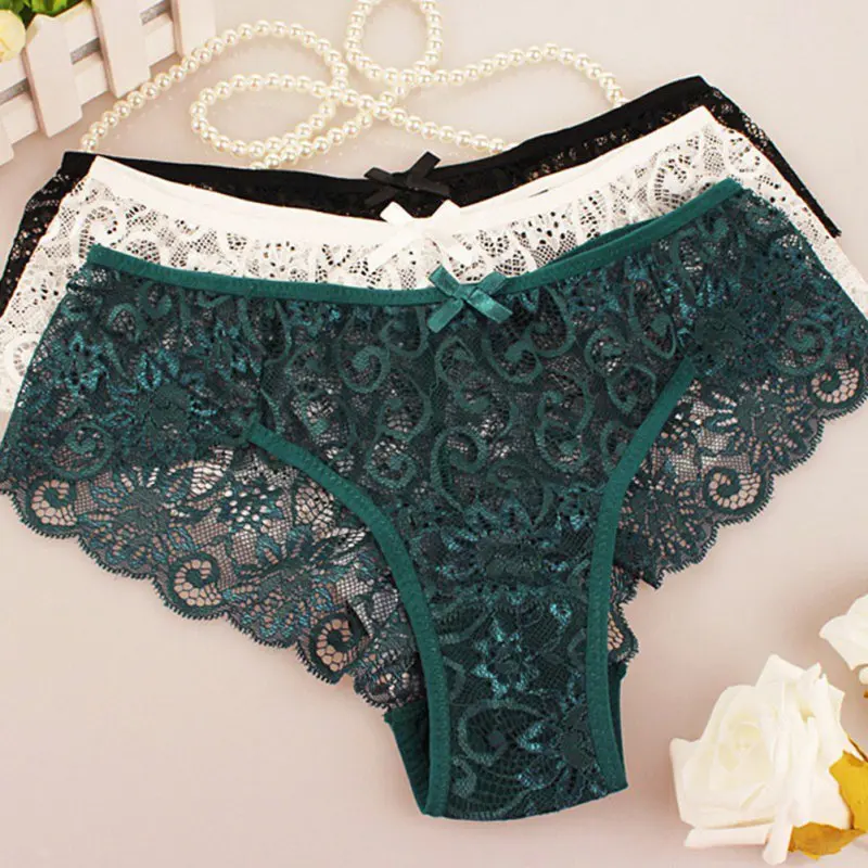 

Women Sexy Full Lace Panties High-Crotch Transparent Floral Bow Soft Briefs Underwear Culotte Femme Plus Size