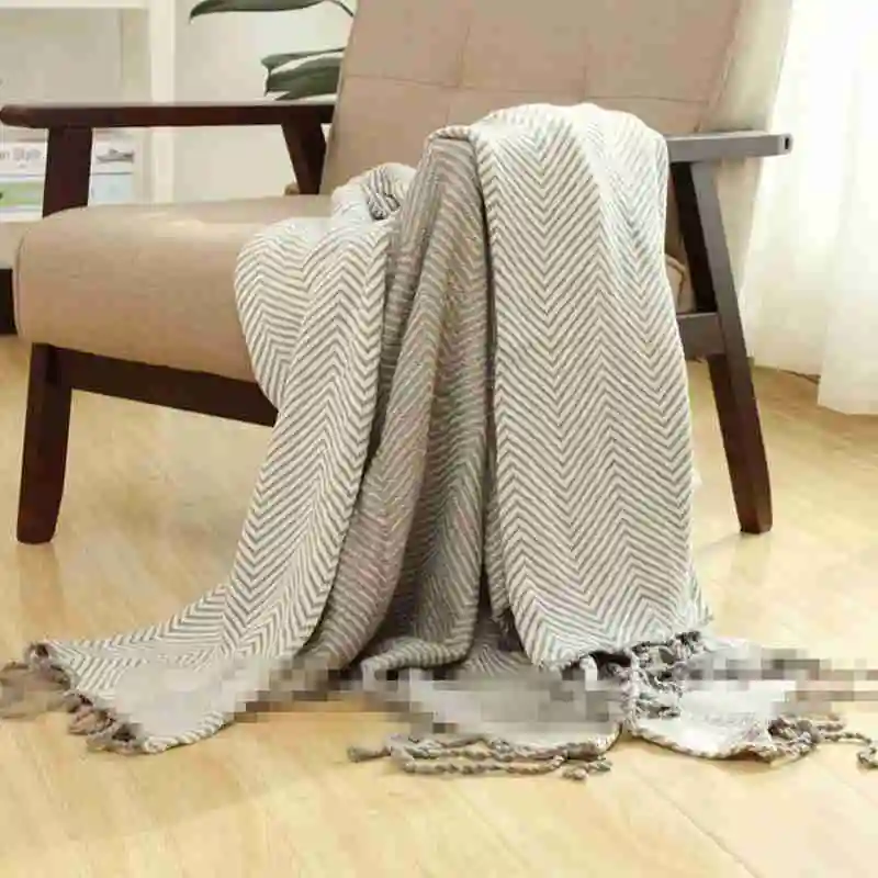 

Free shipping 100%cotton thread simple pattern light gray yellow striped throw single size sofa leisure blanket bedspread