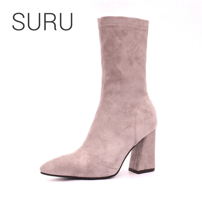 

SURU Ladies 8.5cm Flare Block Heels Ankle Boots Women Spring Autumn Short Sock Boots Black Or Pink