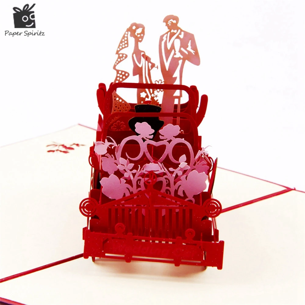  Red 3D Wedding Carriage with Lovers Personalized Handmade 3D Greeting Cards POP UP Cards Invitation - 32651908448