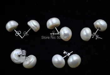 

5 Pairs 11-12mm button Natural thick genuine pearl 925 silver studs earring wholesale