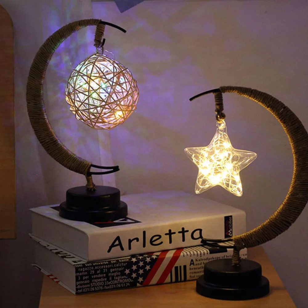 

LED Star Moon Night Light Desk Lamp Romantic Home Bedroom table night light Decoration Gifts lights rattan ball