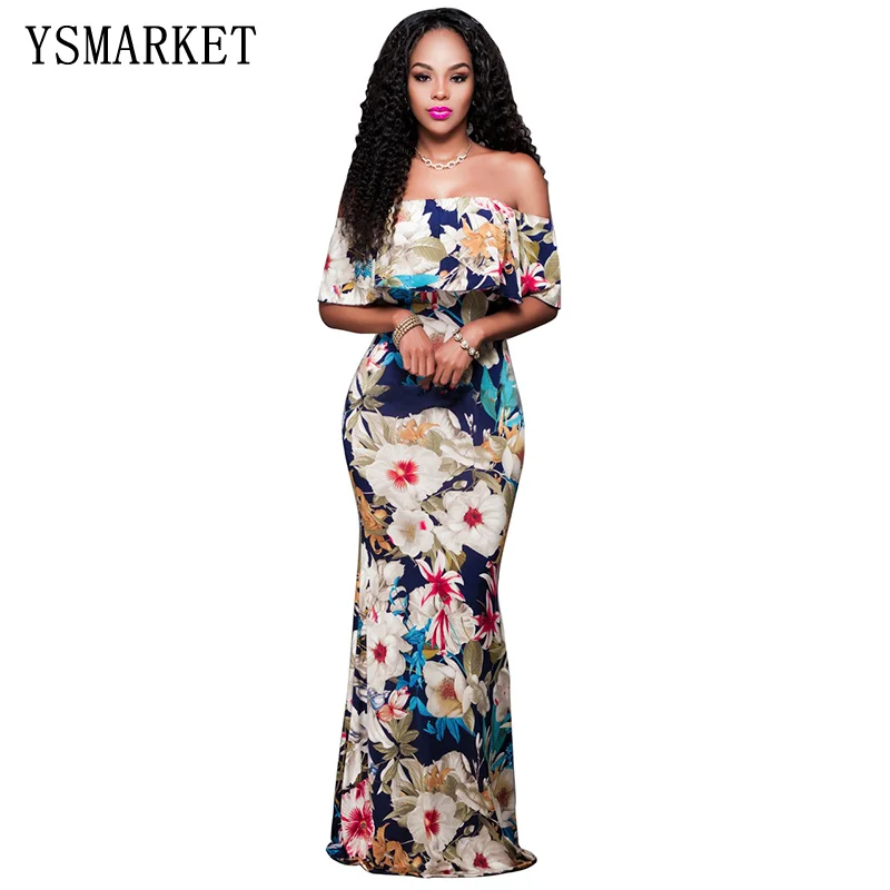 Buy Cheap Tropical Print Dress off shoulder Women Long Party Dresses 2017 Elegant Bohemia Dress Maxi Mermaid Gown Vestido de festa LC61189