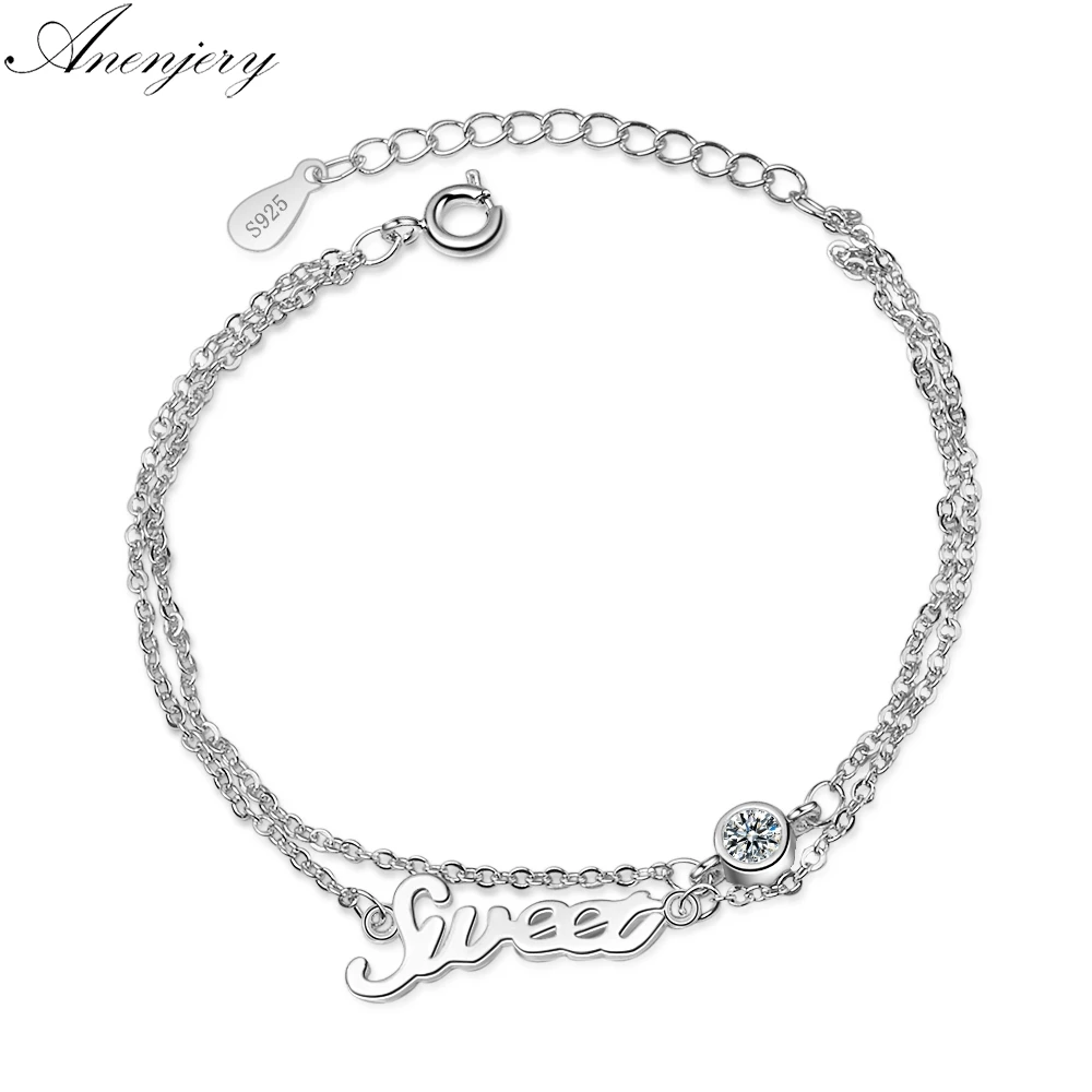 Anenjery сладкий письмо Циркон двойной слой 925 пробы Серебряный браслет для женщин S-B214