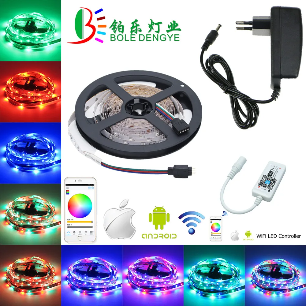 12 В Светодиодная лента 5 м Wi-Fi RGB Светодиодные ленты SMD 2835 60leds/м Гибкие светодиодные Клейкие ленты IP20 не водонепроницаемый RGB лента Wi-Fi контроллер