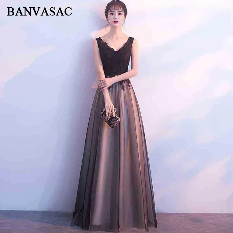 

BANVASAC 2018 V Neck Lace Appliques A Line Long Evening Dresses Elegant Embroidery Open Back Party Prom Gowns