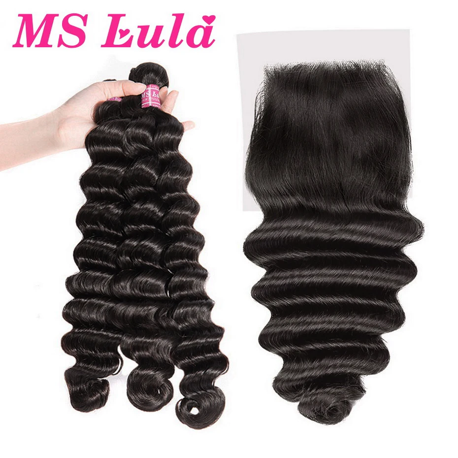 

MS Lula Hair Peruvian Loose Deep 3 Bundles With 4X4 Lace Closure Human Hair Remy Hair Extensions Free Shipping Free Part