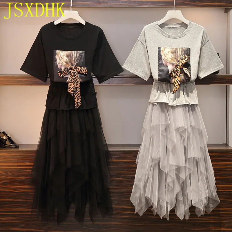 

JSXDHK XL-5XL Oversize T Shirt Women's Suits Summer Leopard Print Bow Character Tshirt + Mesh Patchwork Long Irregula Suits