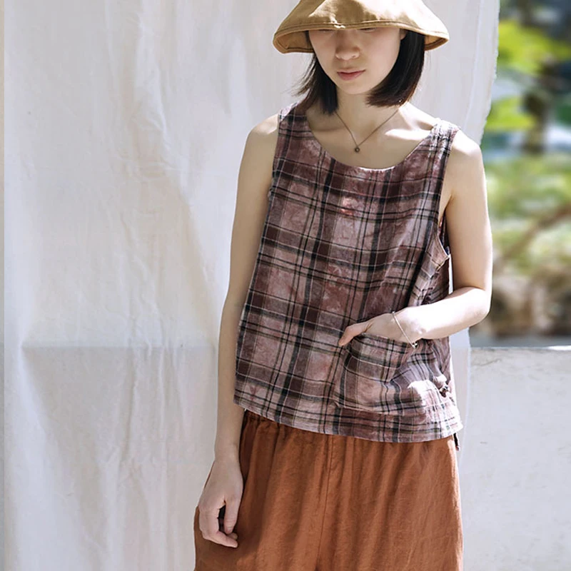 

Johnature 2019 Summer New Women Plaid T-Shirts Pockets O-Neck Sleeveless Vintage Casual Cotton Linen Original Women T-Shirts