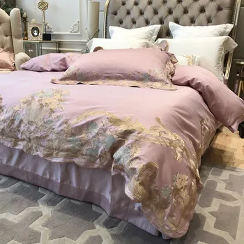 

Luxury 100S Egyptian cotton Embroidered Bedding set Wedding Queen King Princess Duvet cover Bed sheet set Pillowcase 4/6pcs Pink