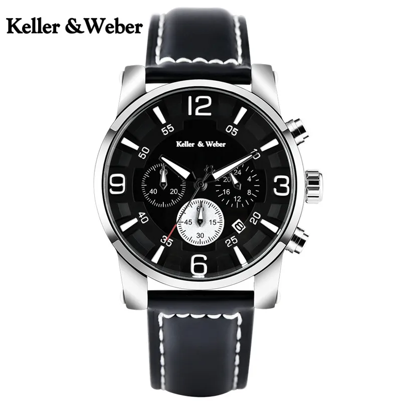 Keller & Weber Men Wristwatch Chronograph 30M Waterproof Stylish Sport Male Stop Watch Soft Genuine Leather Band Aviator Clock
