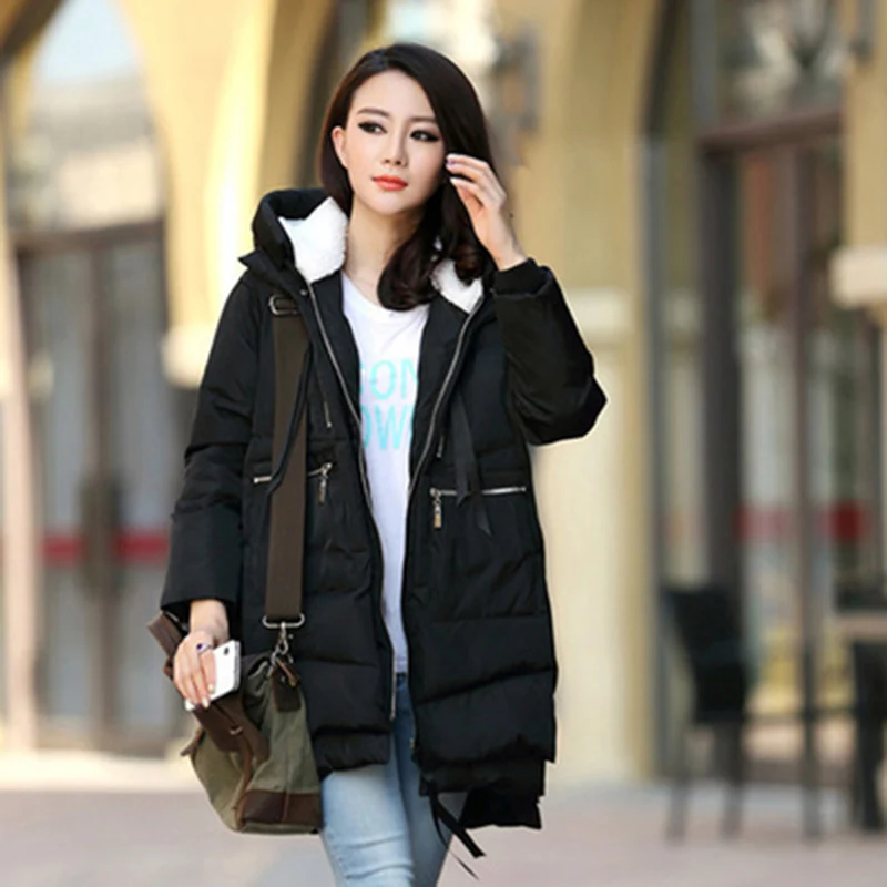 Женская зимняя хлопковая куртка, черная куртка на молнии с капюшоном и большими карманами, плотная теплая длинная верхняя одежда, парки ватного размера плюс - Цвет: Black
