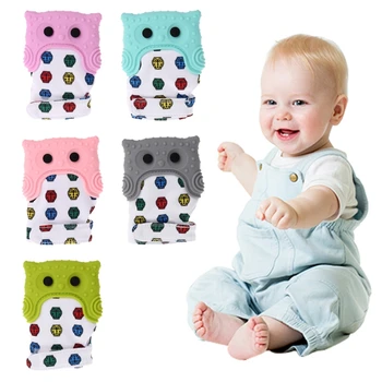 

OOTDTY Cute Baby Teethers Glove Palm Shape Owl Pattern Baby Pacifier Soothers Natural Thumb Sound Teething Chewing Bite Toys