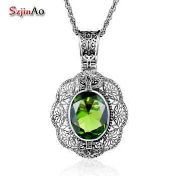 

Szjinao 2017 New Women Vintage Pendants Peridot Statement 925 Sterling Silver Choker Necklace Antique Tribal Ethnic Boho Jewelry