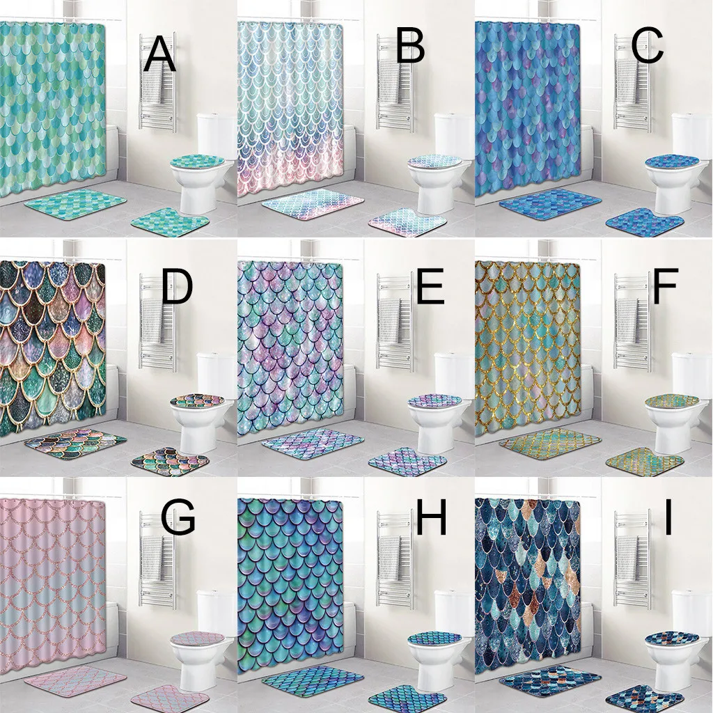 

2019 4PCS Non Slip Toilet Polyester Cover Mat Set Bathroom Shower Curtain Fish scales Creative pattern new 501