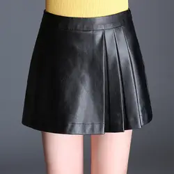 Женская короткая юбка из искусственной кожи Повседневная Женская мини-юбка со средней талией универсальные черные плиссированные