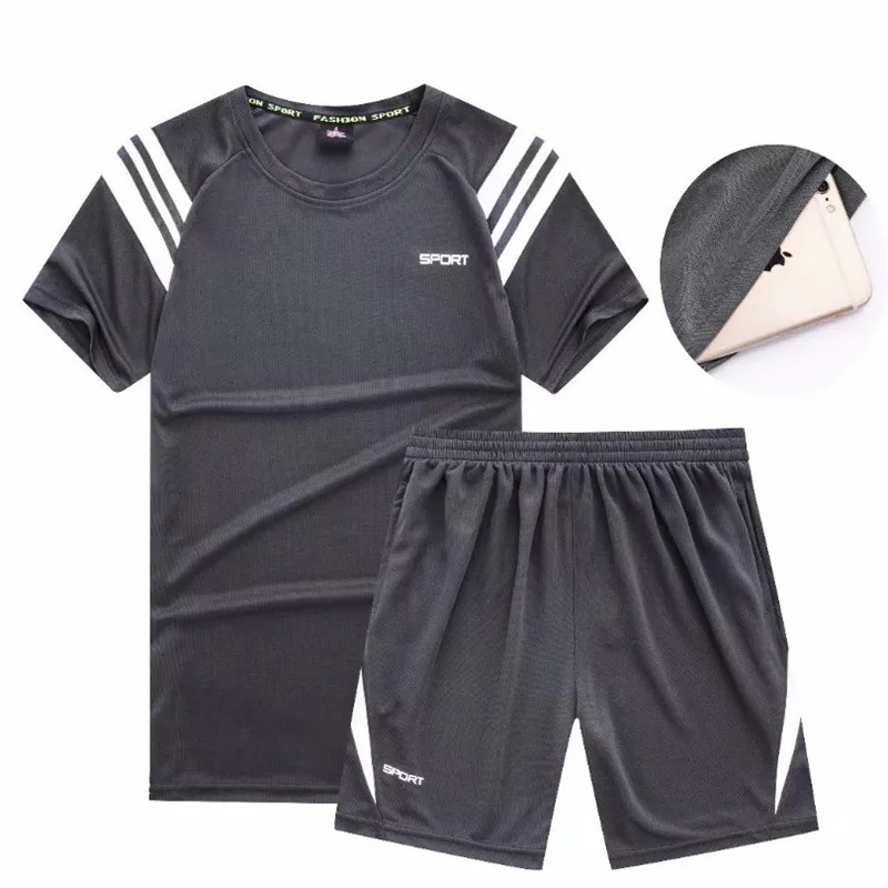 Горячие Двойка летний комплект Для мужчин короткий рукав Футболка в стиле хип-хоп+ шорты костюм спортивный бренд спортивный костюм Мужская спортивная одежда набор плюс размер - Цвет: AE096 Grey