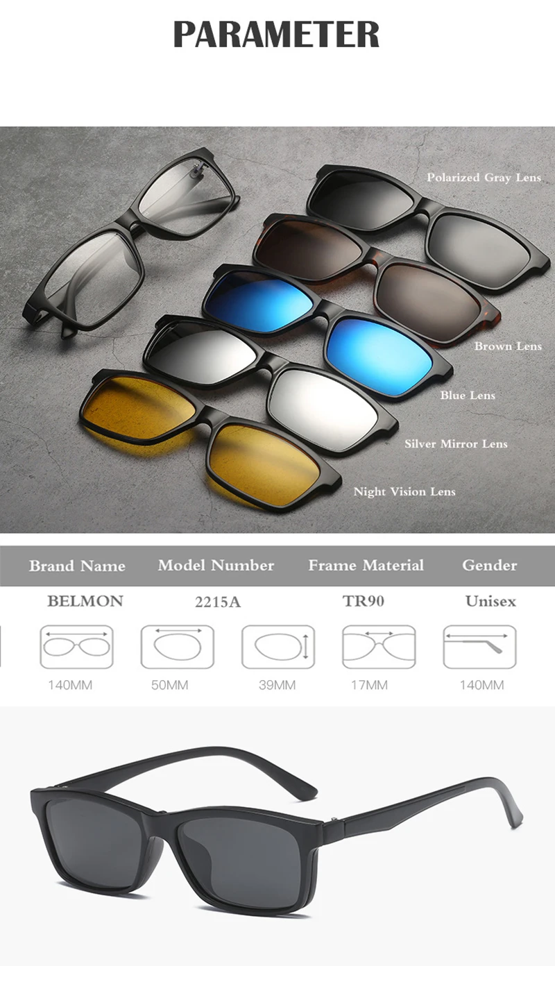 Belmon зрелище кадр Для мужчин Для женщин с 5 шт. пряди для наращивания на поляризованные солнцезащитные очки магнитные очки, мужские очки для близорукости, очки компьютерная оптическая RS543