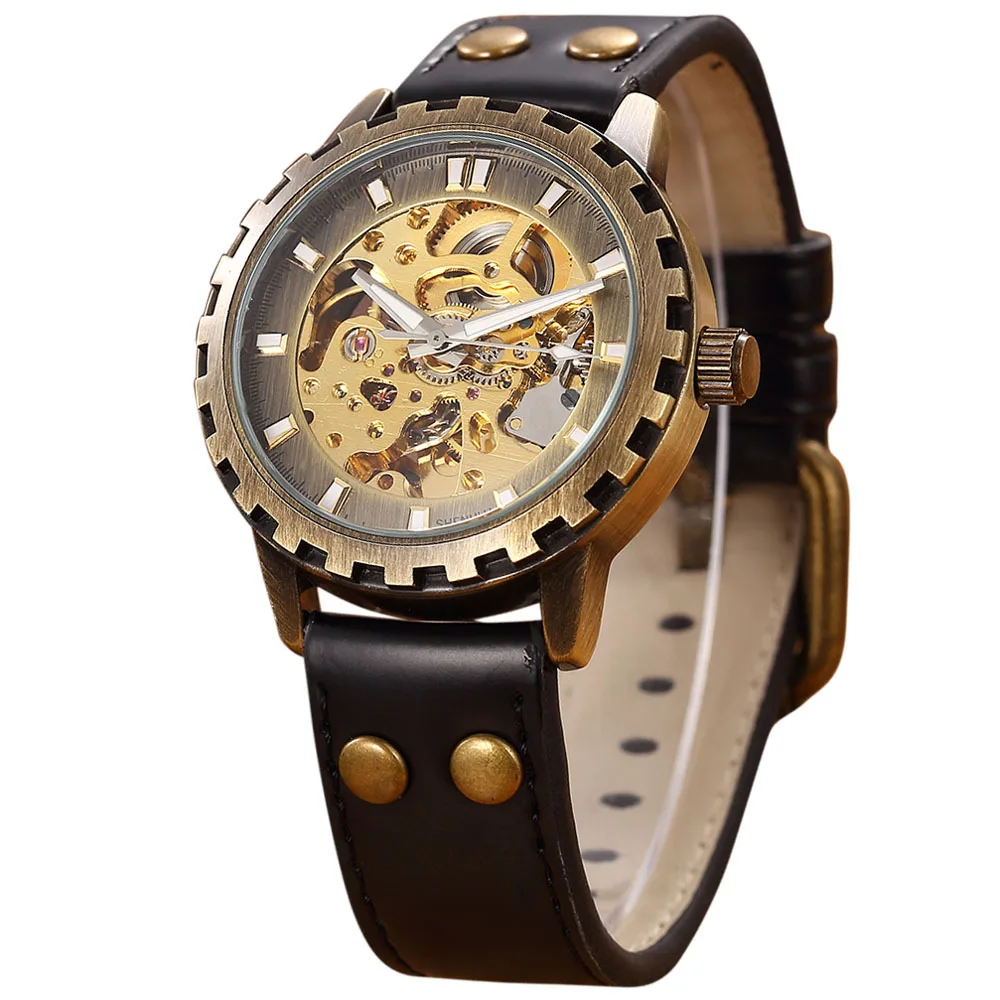 

SHENHUA Genuine Leather Men Skeleton Military Watch Vintage Luxury Quality Steampunk Automatic Mechanical Wristwatch Gift Clock