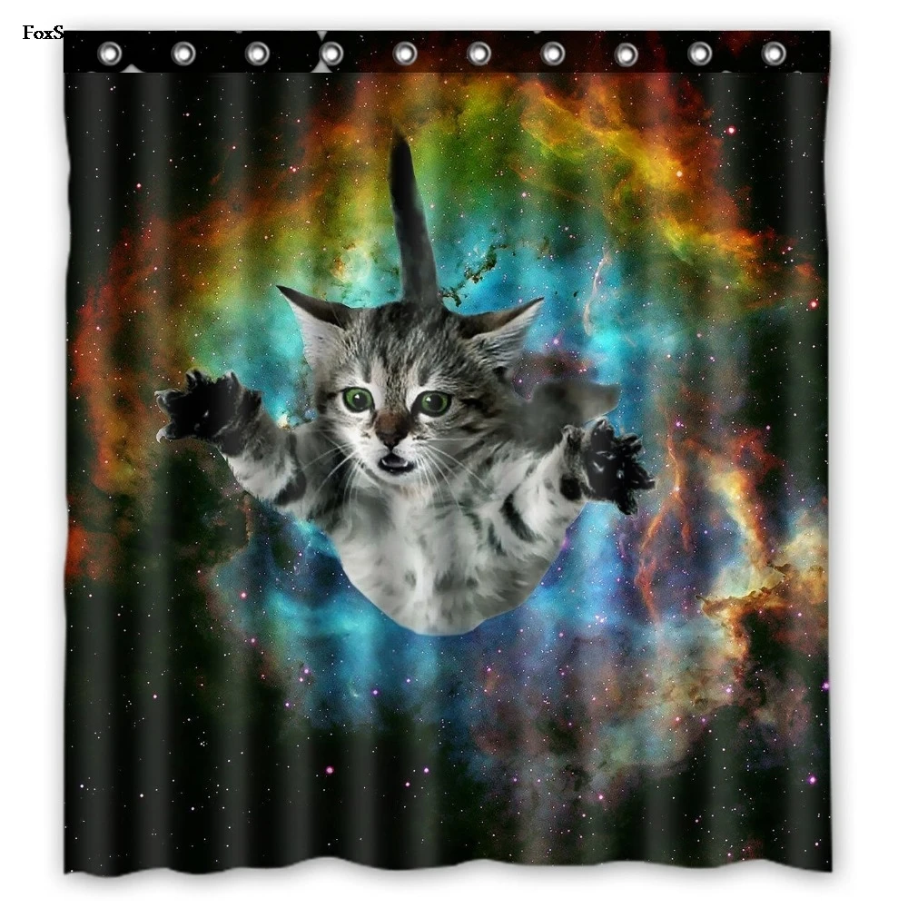 

Multi-color optional Shower Curtain Funny Star Outside Space Nebula Galaxy Cat Painting Polyester Fabric Bathroom Curtain