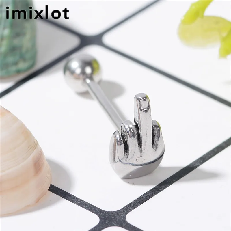 Imixlot панк нержавеющая сталь ручной пирсинг для языка серебро цвет украшения для мужчин женщин возвести средний палец