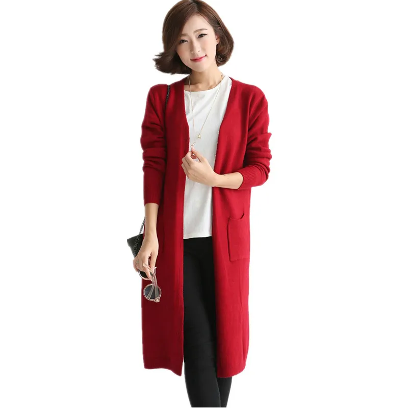 Autumn Long Red Knit Cardigan for Women Casual Sweaters Long Lady's Sweater Female Cardigan