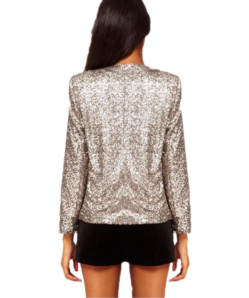 Spring Autumn Women Long Sleeve Sequins Jackets Vintage Silver Shiny Party Club Paillette Jacket Casual Loose Sequin Basic Coats