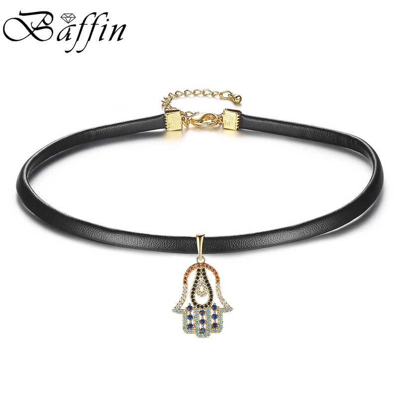 

BAFFIN Vintage Crystals Fatima Hand Necklaces&Pendants Gold Color Leather Chain Choker Made With Cubic Zirconia For Women Gift