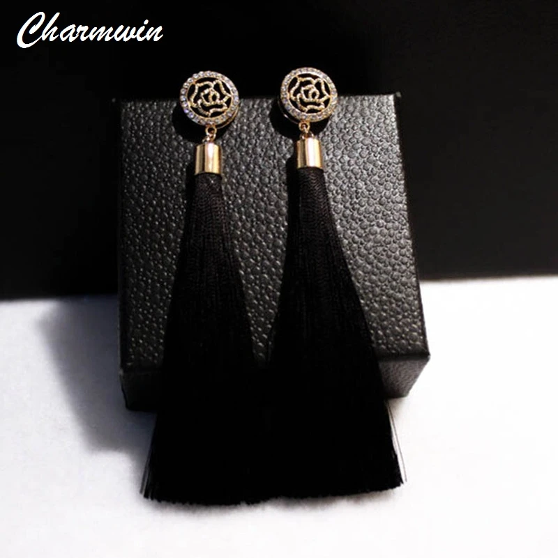 Charmwin Fashion Brand Camellia Earrings Exaggerated Vintage Rhinestone Crystal Long Tassel Dangle Earrings For Women PE1104 Charmwin Fashion Brand Camellia Earrings Exaggerated Vintage Rhinestone Crystal Long Tassel Dangle Earrings For Women PE1104